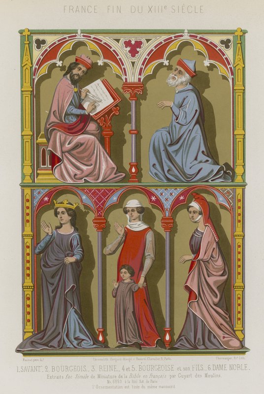 French 13th-century images of a scientist, bourgeois, a queen, bourgeoise and her son, and a noblewoman by French School
