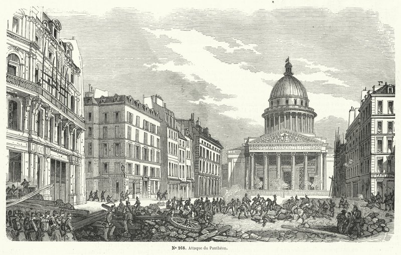 French Army Troops Attacking Insurgents Occupying the Pantheon, Paris, 24 June 1848 (engraving) by French School