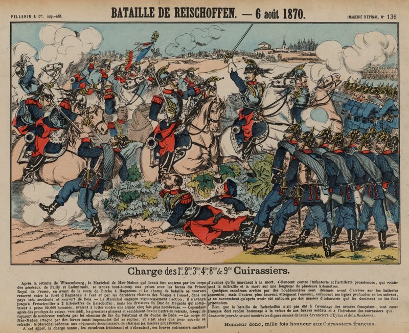 French cuirassiers charging Prussian infantry at the Battle of Reichshoffen, Franco-Prussian War, 6 August 1870 by French School