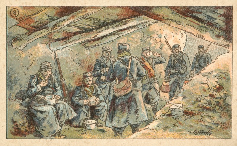 French soldiers eating in a dugout, First World War by French School