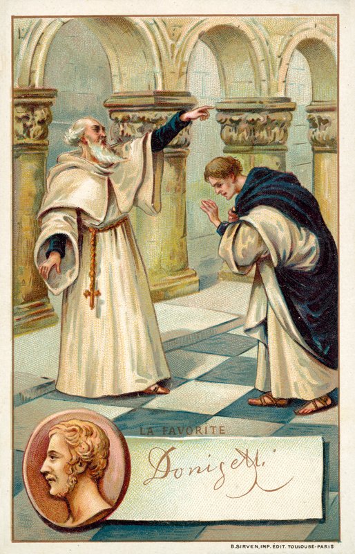 Gaetano Donizetti, Italian composer, and a scene from his opera La Favorite by French School