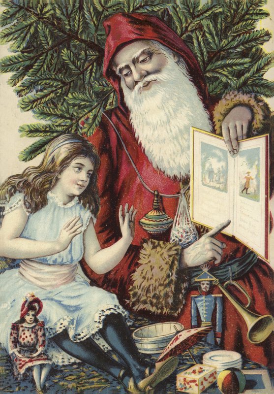 Girl being shown illustrated book by Father Christmas by French School