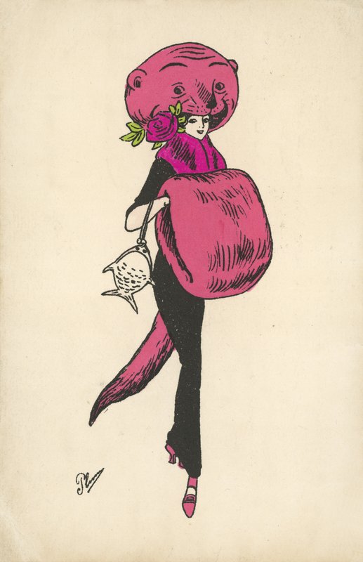 Girl with strange animal fur outfit by French School