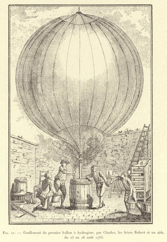 Inflation of the First Hydrogen Balloon by Charles, the Robert Brothers, and an Assistant, August 23-26, 1783 (engraving) by French School