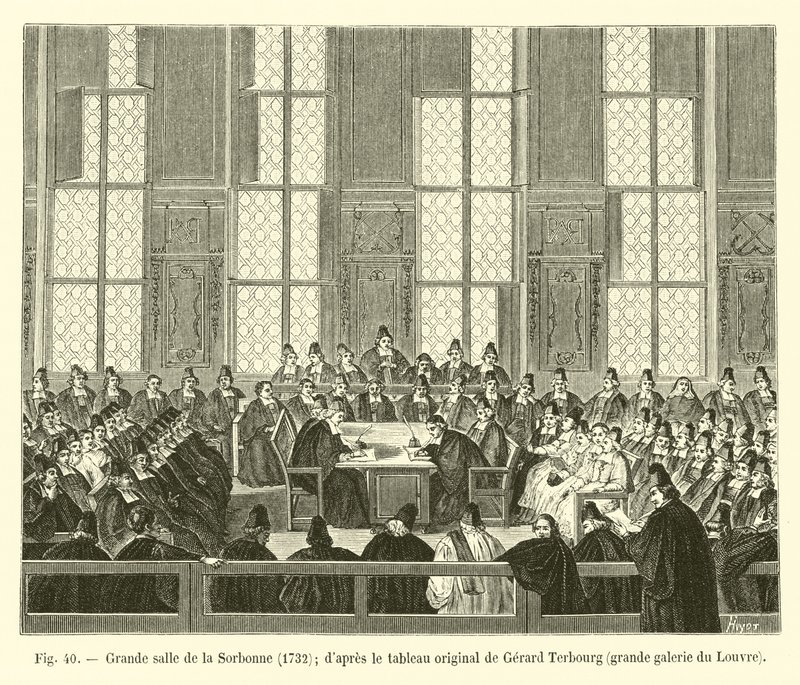 Great hall of the Sorbonne, 1732; after the original painting by Gerard Terbourg, great gallery of the Louvre by French School