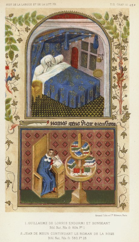 Guillaume de Lorris Asleep and Dreaming, Jean de Meun Continuing the Romance of the Rose by French School