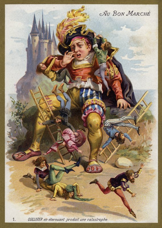 Gulliver sneezes and causes a catastrophe by French School