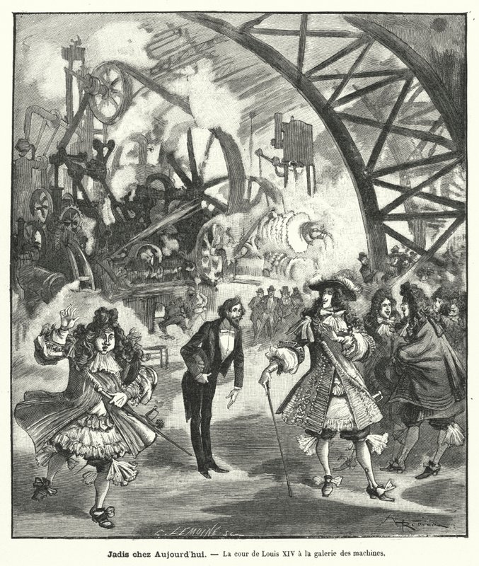 Imagined visit of King Louis XIV and his court to the Pavilion of Machines at the Exposition Universelle in Paris in 1889 by French School