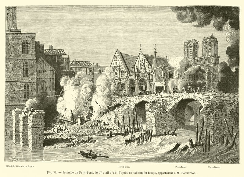 Fire of the Petit-Pont, April 27, 1718; after a painting of the time, belonging to Mr. Bonnardot by French School