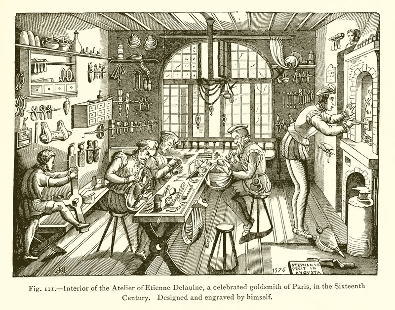 Interior of the Atelier of Etienne Delaulne, a celebrated Goldsmith of Paris, in the Sixteenth Century by French School