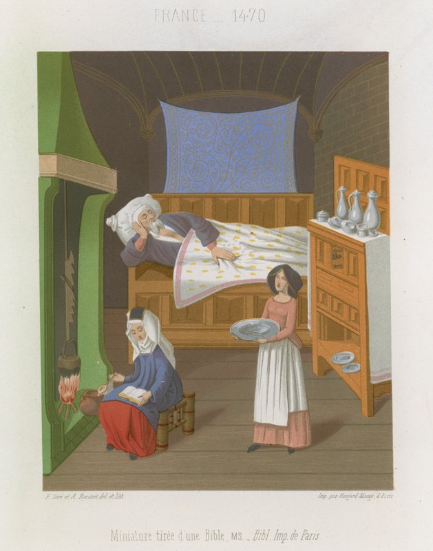 Interior scene with a man in bed as two women prepare food by French School
