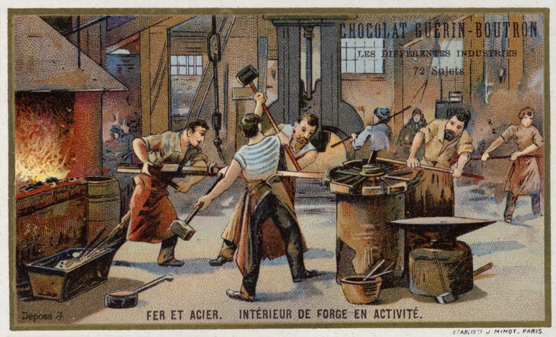 Iron and Steel. Interior of a Busy Smithy by French School
