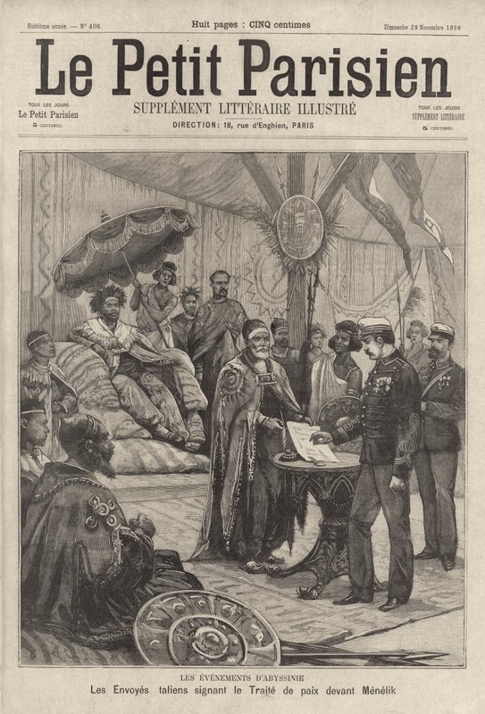 Italian envoys signing the peace treaty to end the First Italo-Ethiopian War before Emperor Menelik II of Ethiopia by French School