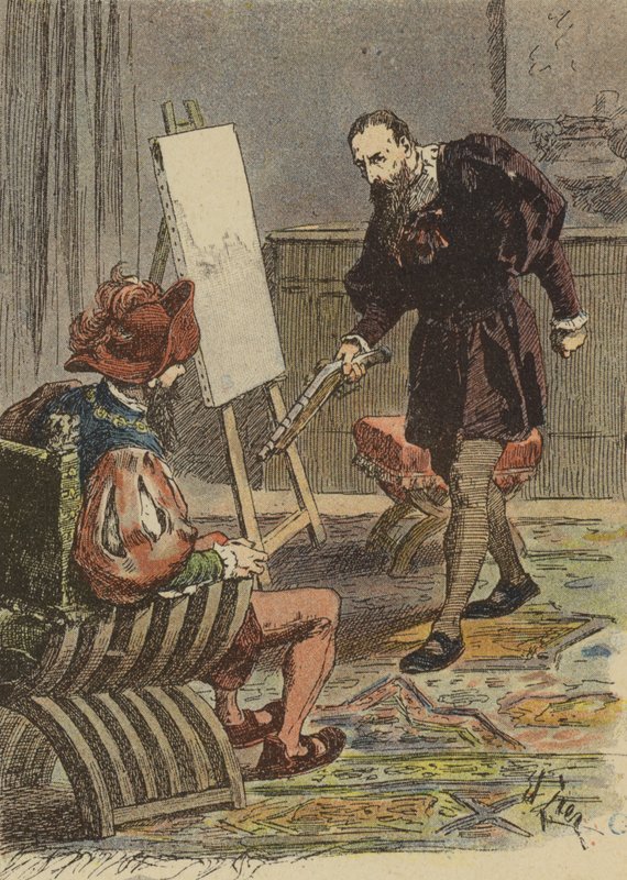 Italian Painter Tintoretto Approaching Pietro Aretino, Armed with a Pistol, to Take His Measurements for His Portrait by French School