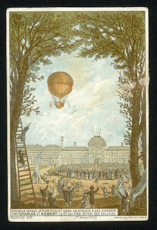 Jacques Charles and Marie-Noel Robert making the first ascent in a hydrogen balloon, Paris, 1 December 1783 by French School