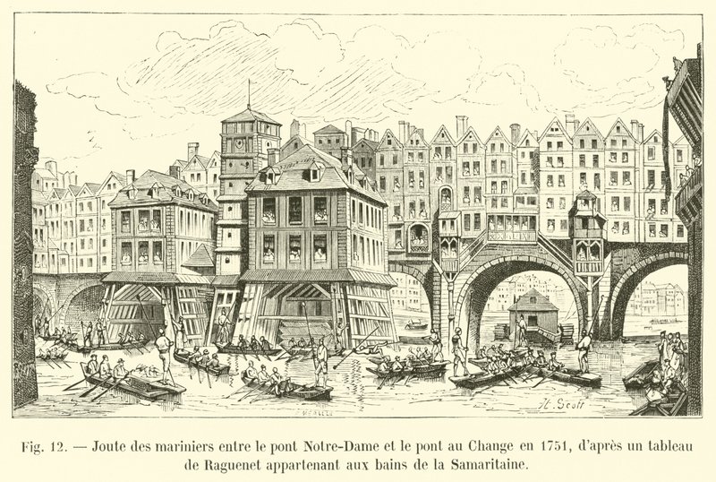 Boat Race between the Pont Notre-Dame and the Pont au Change in 1751, after a painting by Raguenet belonging to the Baths of the Samaritaine by French School