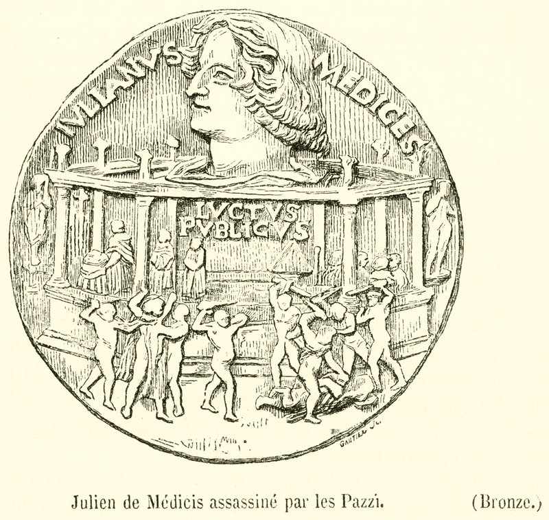 Julien de Medicis assassinated by the Pazzi, Bronze (engraving) by French School