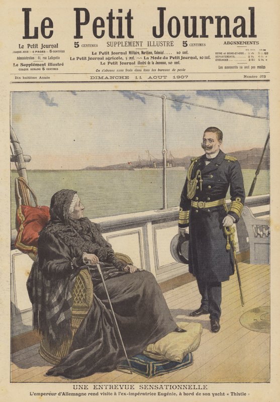 Kaiser Wilhelm II of Germany visiting ex-Empress Eugenie, widow of Napoleon III of France, on her yacht Thistle by French School