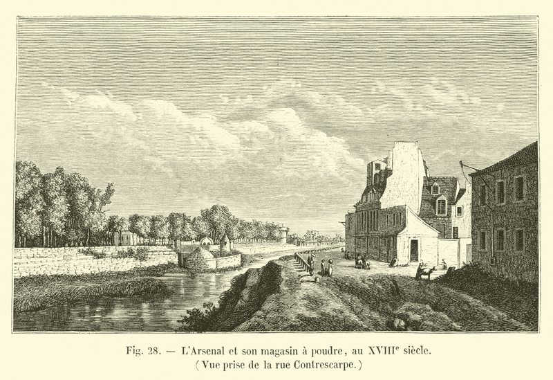 The Arsenal and its powder magazine, in the 18th century, view taken from Rue Contrescarpe by French School