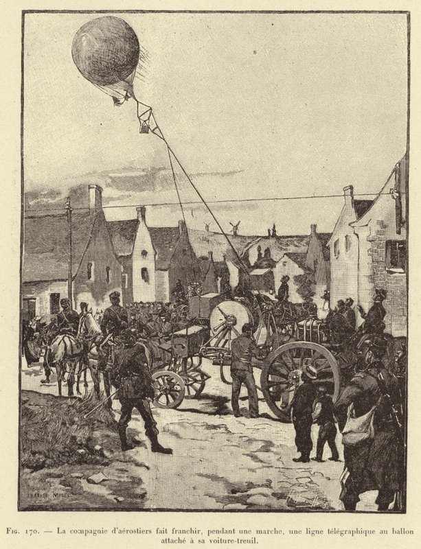 The Company of Aeronauts makes a telegraph line cross during a march, a balloon attached to its winch vehicle (engraving) by French School