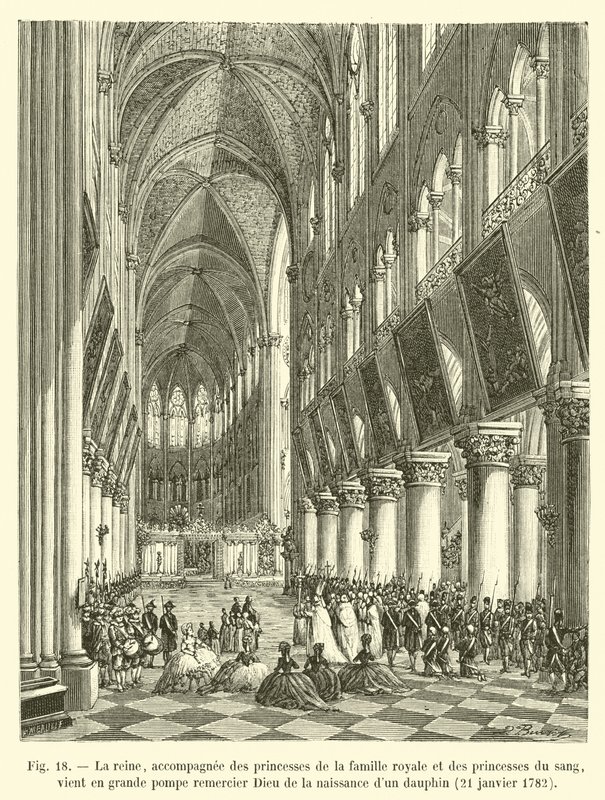 The Queen, Accompanied by the Princesses of the Royal Family and the Princesses of the Blood, Comes in Great Pomp to Thank God for the Birth of a Dauphin, January 21, 1782 by French School