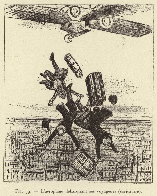 The Airplane Disembarking its Passengers (caricature) (engraving) by French School