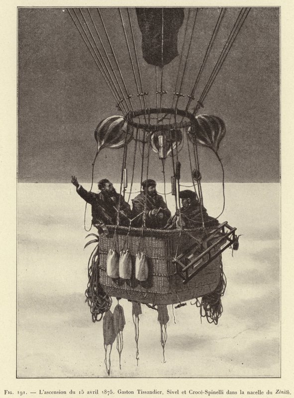 Ascent of April 15, 1875, Gaston Tissandier, Sivel and Croce-Spinelli in the Gondola of Zenith (engraving) by French School