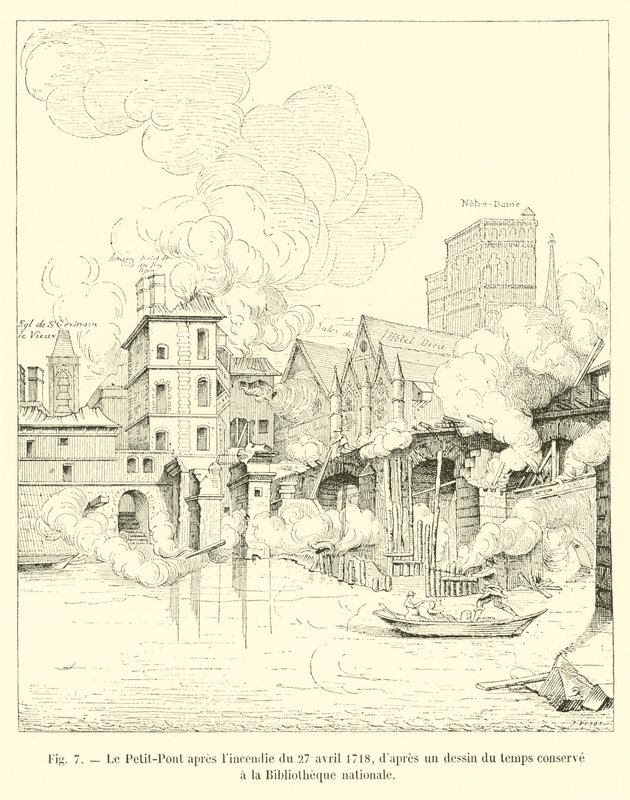 The Petit-Pont after the fire of April 27, 1718, after a drawing of the time kept at the National Library by French School