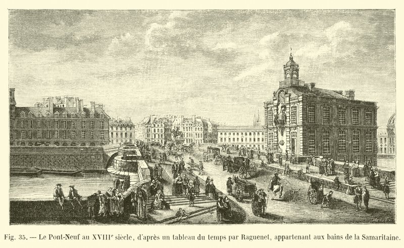The Pont-Neuf in the 18th century, after a painting of the time by Raguenet, belonging to the baths of the Samaritaine by French School