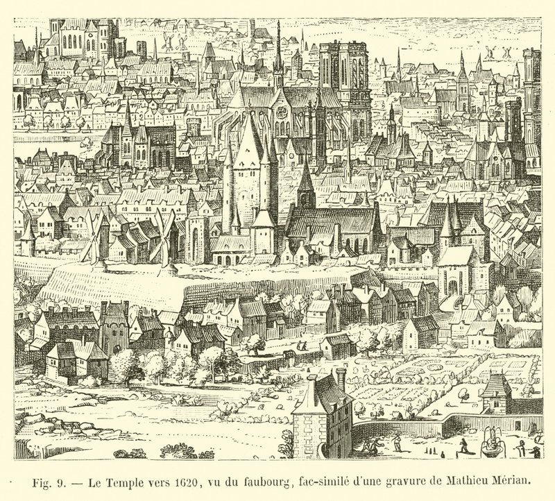 The Temple around 1620, seen from the suburb, facsimile of an engraving by Mathieu Merian by French School