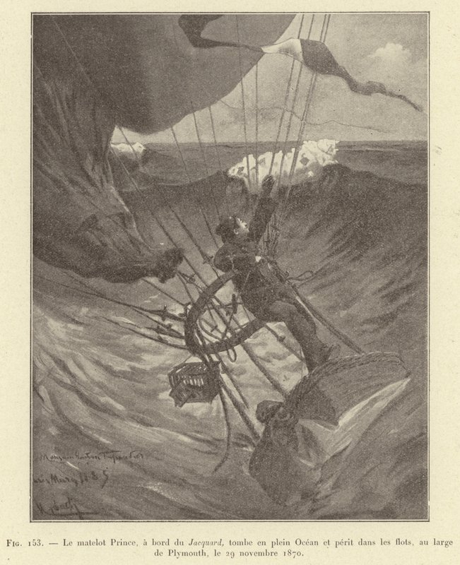 Sailor Prince, on Board the Jacquard, Falls into the Ocean and Perishes in the Waves, off Plymouth, November 29, 1870 (engraving) by French School