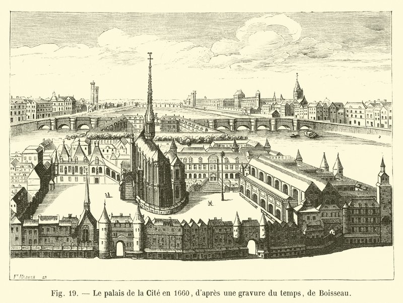 The Palace of the City in 1660, after an engraving of the time, by Boisseau by French School