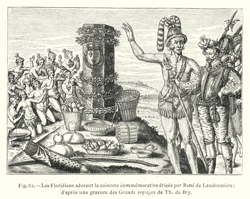 The Floridians Worshiping the Commemorative Column Erected by Rene de Laudonniere; After an Engraving from the Grand Voyages of Th de Bry by French School