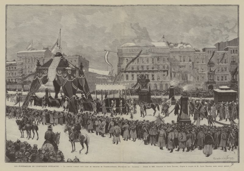 The Funeral of Emperor Wilhelm, The Procession Passing Under the Triumphal Arch of Friedrichstrasse, Promenade des Tilleuls by French School