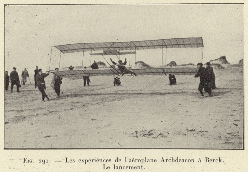 Experiments of the Archdeacon Aeroplane at Berck, The Launch (engraving) by French School