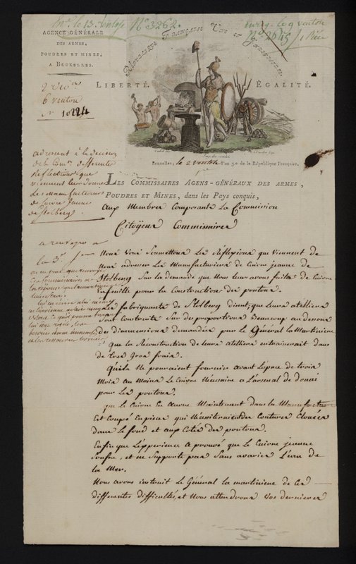 Letter from the Agence Generale des Armes, Poudres et Mines, Brussels, after southern Netherlands were annexed by France by French School