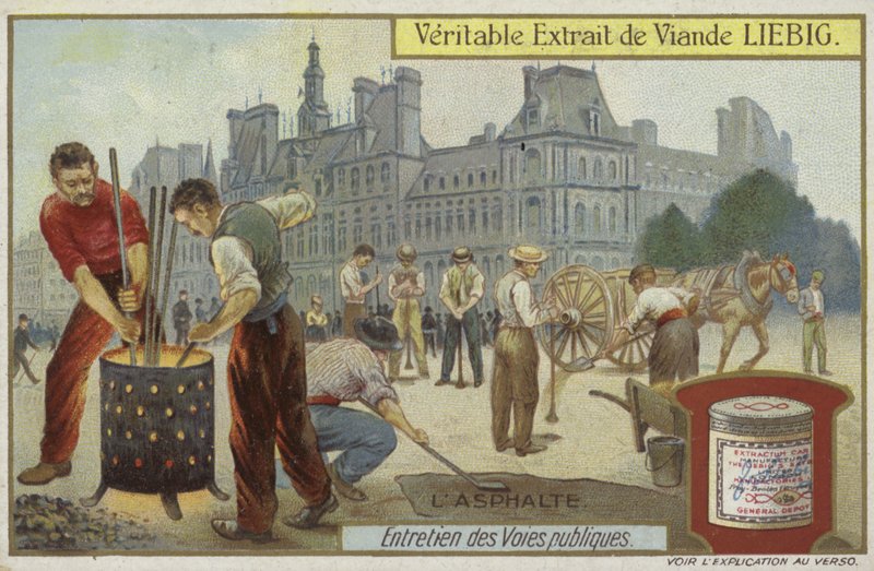 Liebig card featuring road maintenance by French School