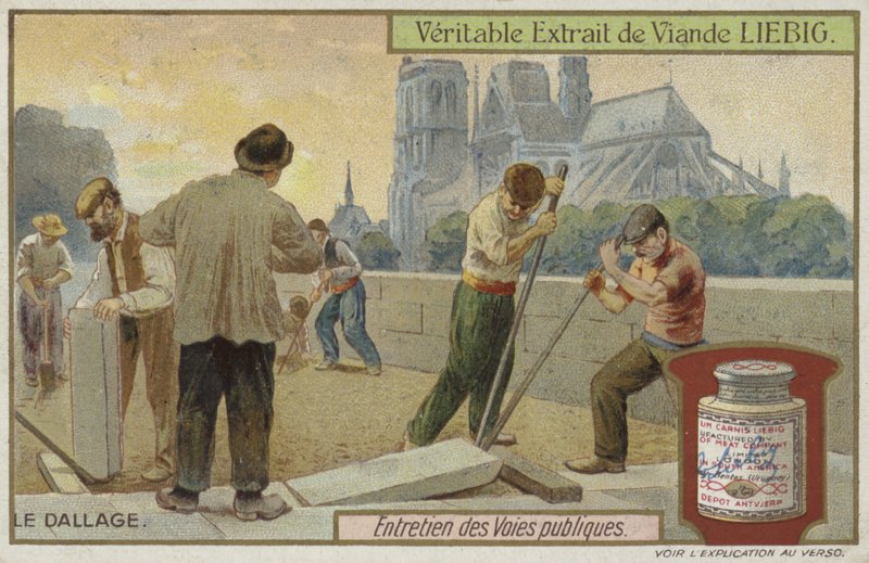 Liebig card featuring road maintenance by French School