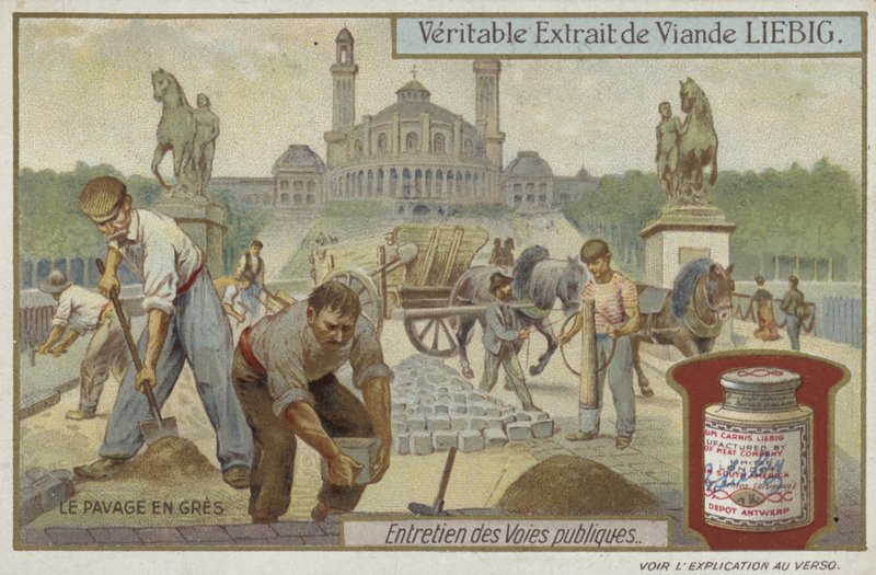 Liebig card featuring road maintenance by French School