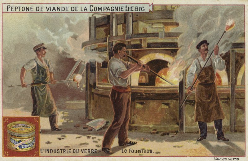 Liebig card featuring the glass industry by French School