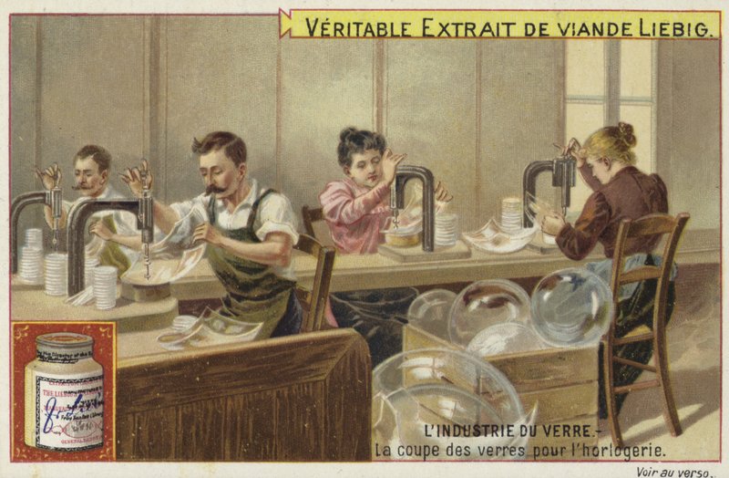 Liebig card featuring the glass industry by French School