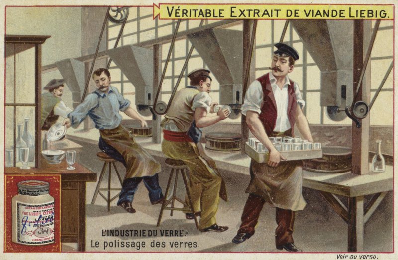 Liebig card featuring the glass industry by French School