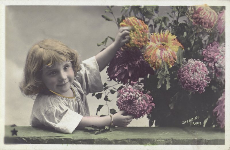 Little girl with flowers by French School