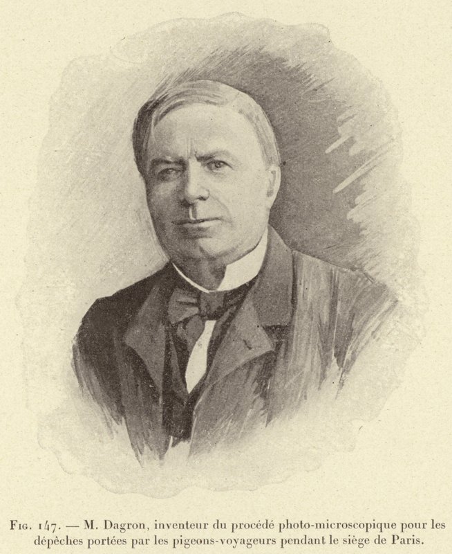 Mr. Dagron, inventor of the photo-microscopic process for messages carried by carrier pigeons during the siege of Paris (engraving) by French School