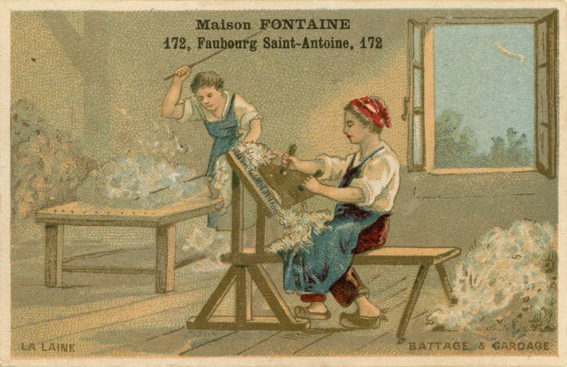 Maison Fontaine trade card, threshing and carding by French School