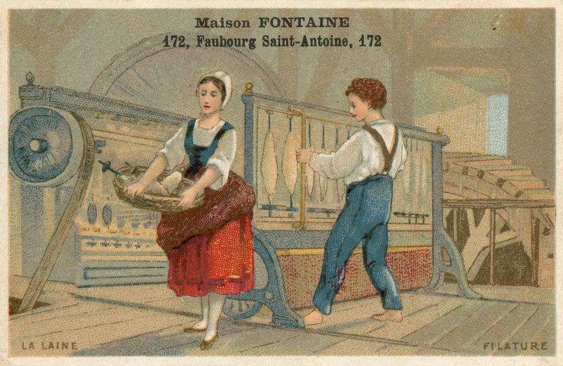Maison Fontaine trade card, wool spinning by French School