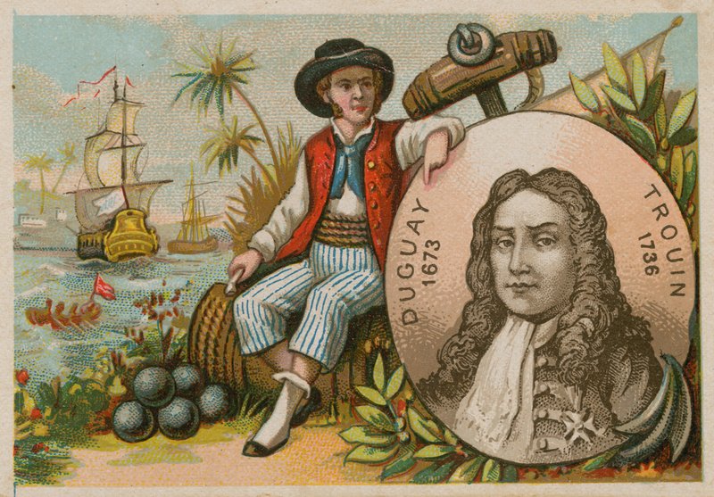 Man in Brazil holding portrait of Duguay-Trouin by French School