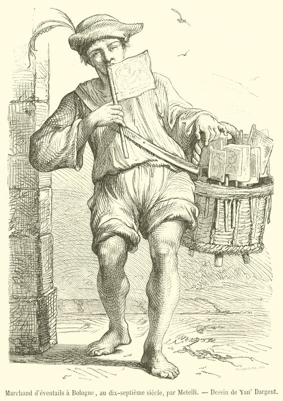 Fan Merchant in Bologna, in the seventeenth century (engraving) by French School