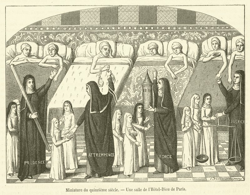 15th-century miniature, A room in the Hotel-Dieu of Paris by French School