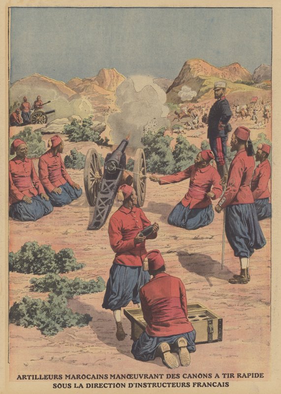 Moroccan artillerymen firing rapid fire cannons under the guidance of French military instructors by French School